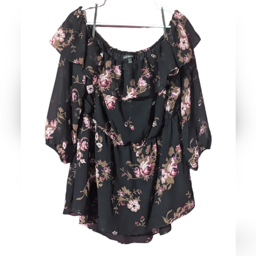 Lane Bryant Black Floral Off Shoulder Babydoll Top Size 16 Flowy Boho Blouse